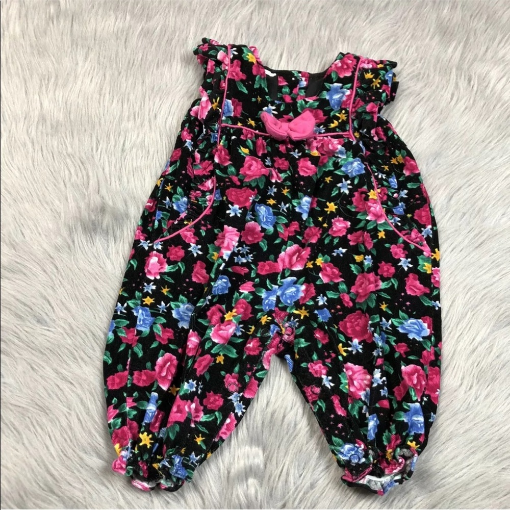 Vintage Baby Girls Corduroy Floral Ruffle Bow Jumpsuit Romper